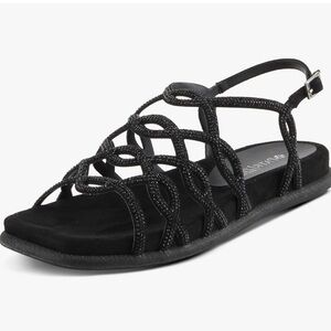 Patrizia by spring step glamgloss flat sandals black rhinestone strappy 39 / 8.5
